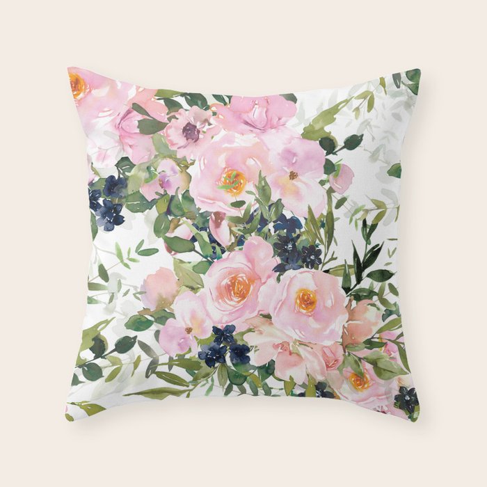 Festive, Floral Watercolor Rose Garden, Pink and White Throw Pillow Gallery Image 1