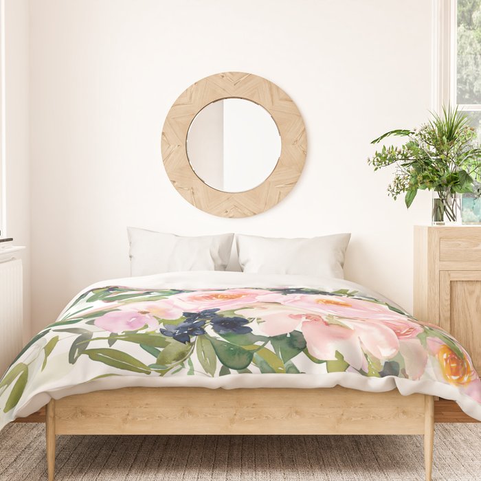 Festive, Floral Watercolor Rose Garden, Pink and White Duvet Cover Gallery Image 3
