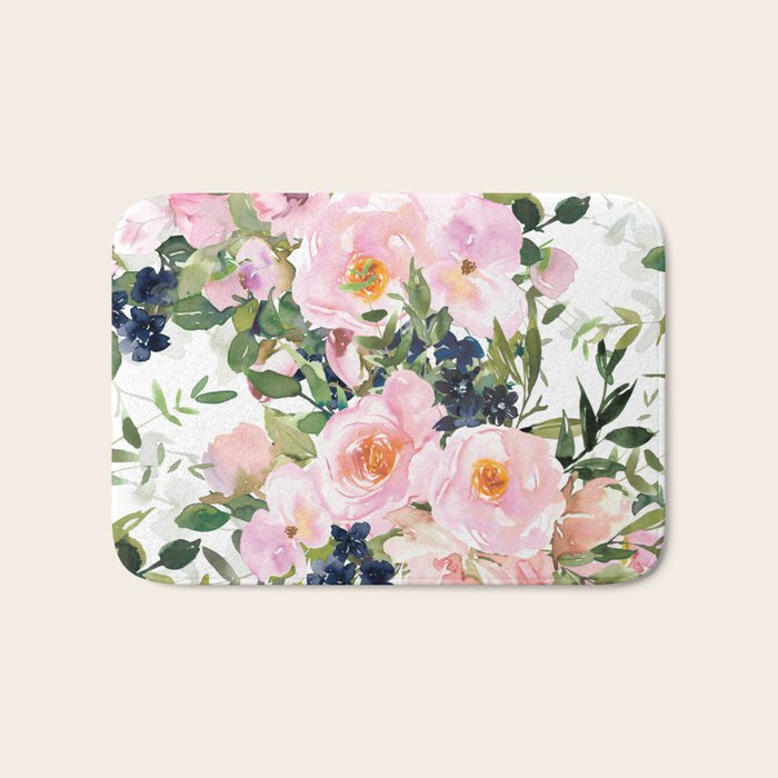 Festive, Floral Watercolor Rose Garden, Pink and White Bath Mat Gallery Image 1
