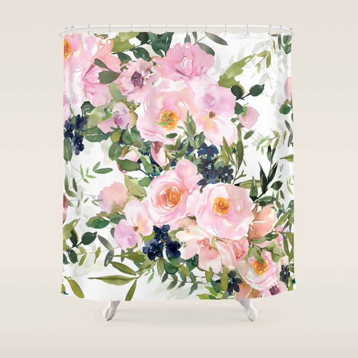 Festive, Floral Watercolor Rose Garden, Pink and White Shower Curtain Gallery Image 1