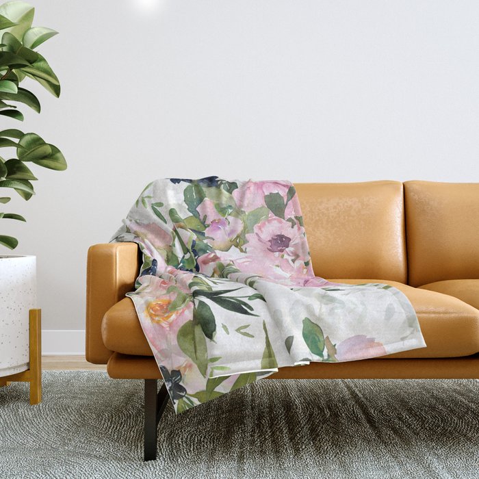 Festive, Floral Watercolor Rose Garden, Pink and White Throw Blanket Gallery Image 1