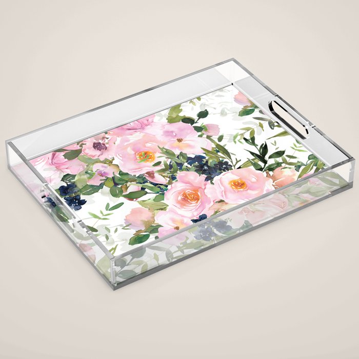 Festive, Floral Watercolor Rose Garden, Pink and White Acrylic Tray Gallery Image 1