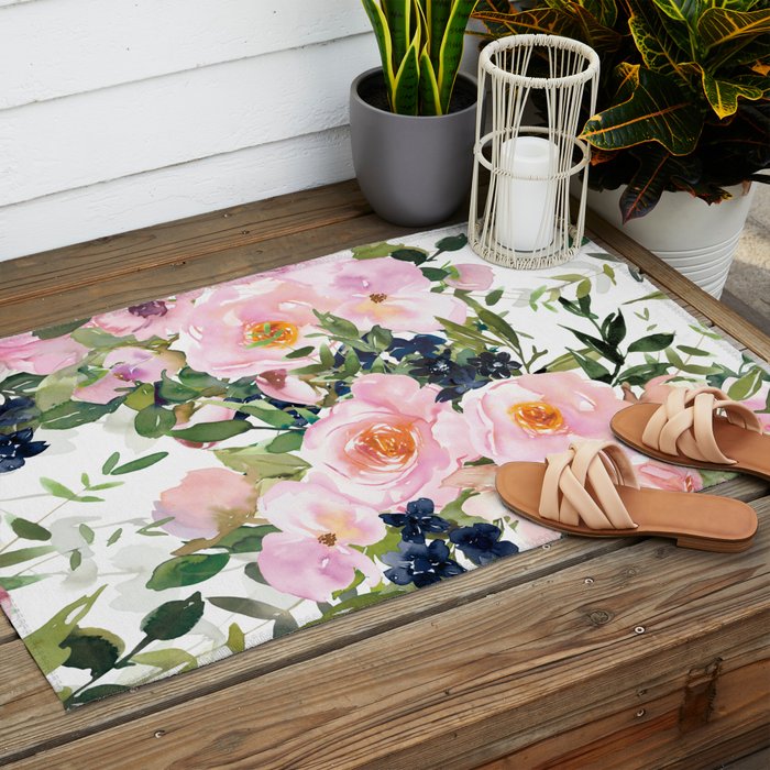 Festive, Floral Watercolor Rose Garden, Pink and White Outdoor Rug Gallery Image 2