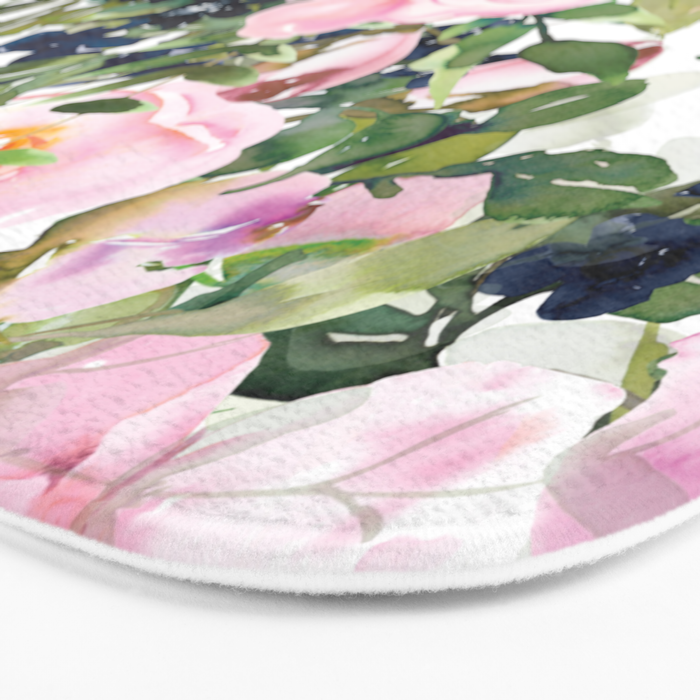Festive, Floral Watercolor Rose Garden, Pink and White Bath Mat Gallery Image 3