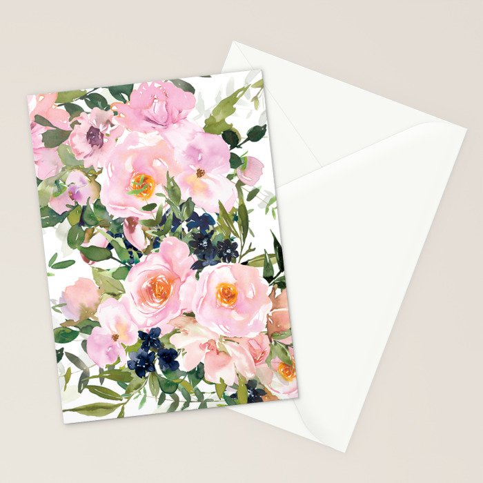Festive, Floral Watercolor Rose Garden, Pink and White Stationery Card Gallery Image 2