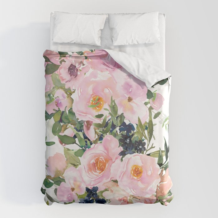 Festive, Floral Watercolor Rose Garden, Pink and White Duvet Cover Gallery Image 1