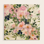 Festive, Floral Watercolor Rose Garden, Pink and White Wood Wall Art Gallery Image 1