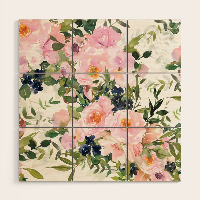 Festive, Floral Watercolor Rose Garden, Pink and White Wood Wall Art Gallery Image 1