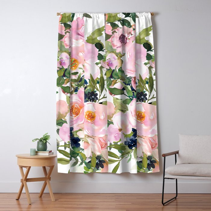 Festive, Floral Watercolor Rose Garden, Pink and White Window Curtain Gallery Image 5