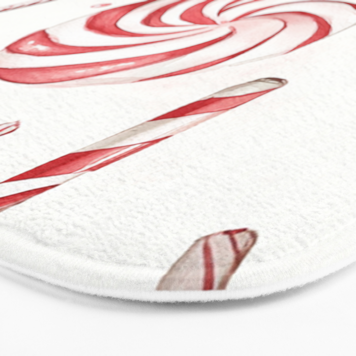 Red White Watercolor Candy Cane Peppermint Lollipops All Over Bath Mat Gallery Image 3
