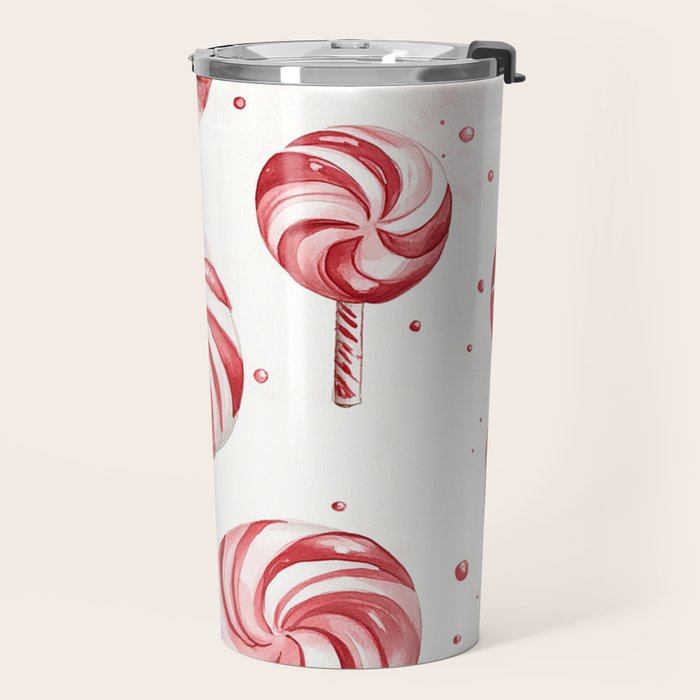 Red White Watercolor Candy Cane Peppermint Lollipops All Over Travel Mug Gallery Image 2