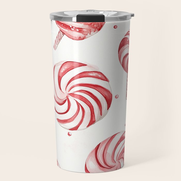 Red White Watercolor Candy Cane Peppermint Lollipops All Over Travel Mug Gallery Image 1