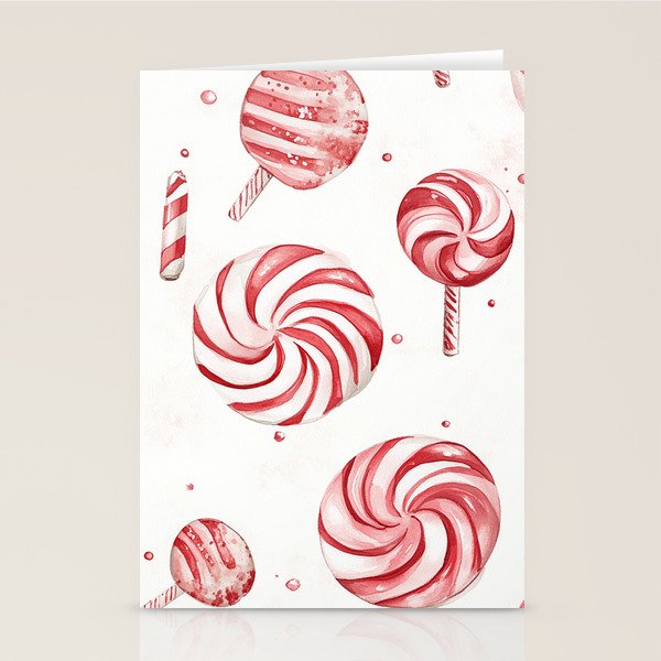 Red White Watercolor Candy Cane Peppermint Lollipops All Over Stationery Card Gallery Image 2