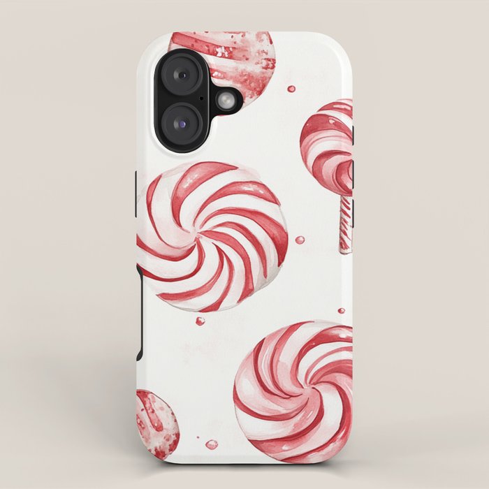 Red White Watercolor Candy Cane Peppermint Lollipops All Over iPhone Case Gallery Image 1