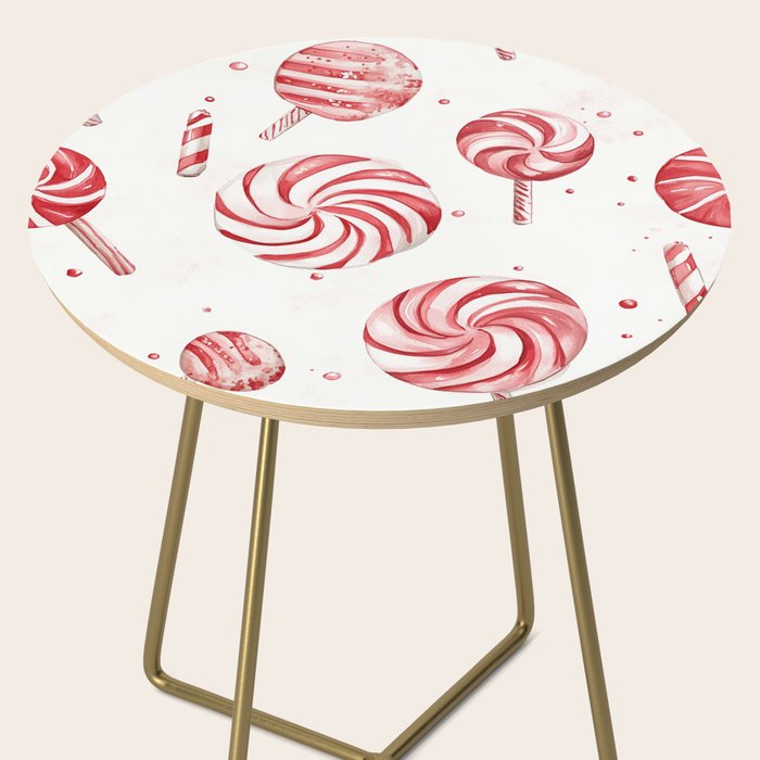 Red White Watercolor Candy Cane Peppermint Lollipops All Over Side Table Gallery Image 2
