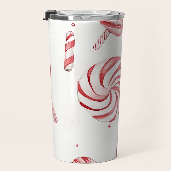 Red White Watercolor Candy Cane Peppermint Lollipops All Over Travel Mug Gallery Image 3