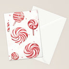 Red White Watercolor Candy Cane Peppermint Lollipops All Over Stationery Card Gallery Image 2