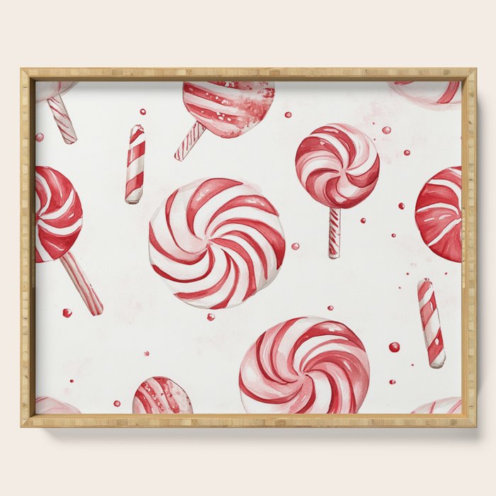 Red White Watercolor Candy Cane Peppermint Lollipops All Over Serving Tray Gallery Image 1