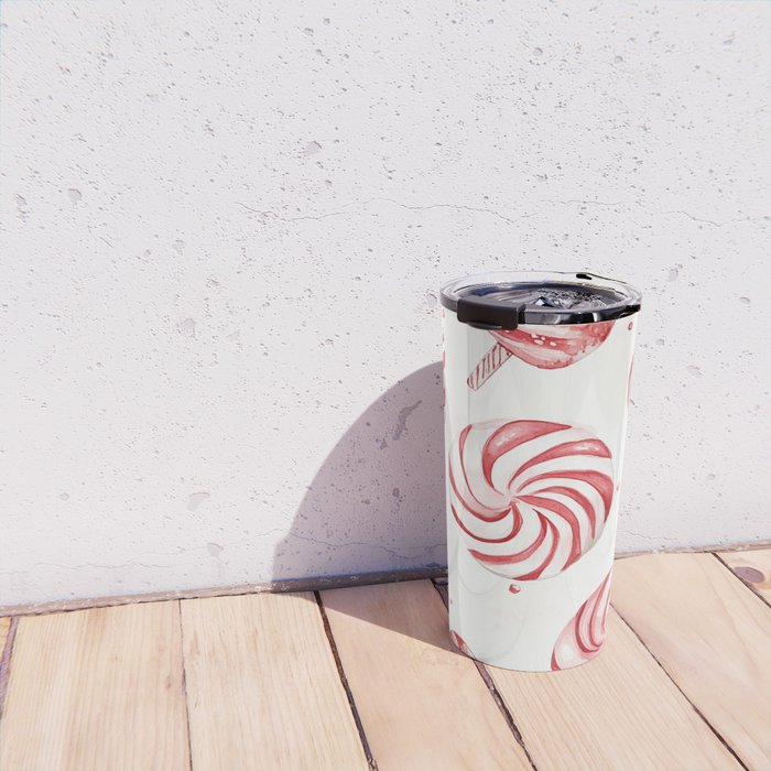 Red White Watercolor Candy Cane Peppermint Lollipops All Over Travel Mug Gallery Image 4