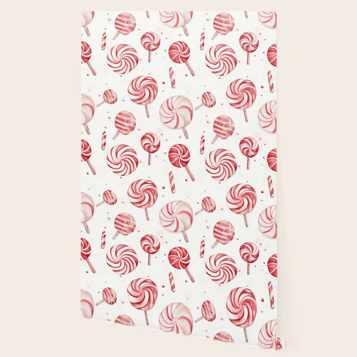 Red White Watercolor Candy Cane Peppermint Lollipops All Over Wallpaper Gallery Image 2