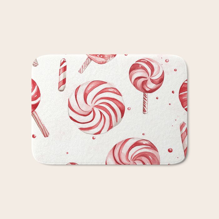 Red White Watercolor Candy Cane Peppermint Lollipops All Over Bath Mat Gallery Image 1