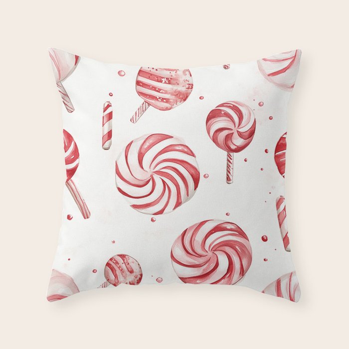 Red White Watercolor Candy Cane Peppermint Lollipops All Over Throw Pillow Gallery Image 6