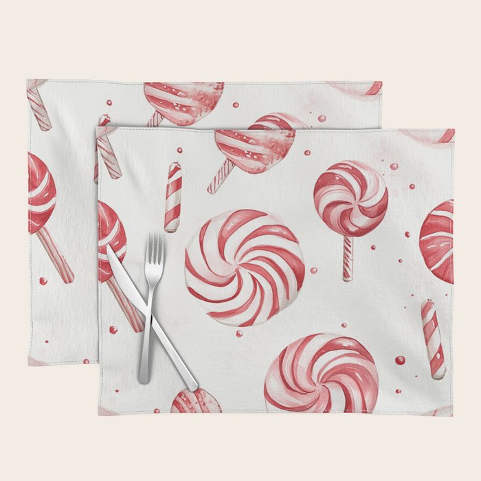 Red White Watercolor Candy Cane Peppermint Lollipops All Over Placemat Gallery Image 1