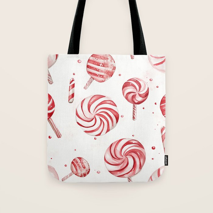 Red White Watercolor Candy Cane Peppermint Lollipops All Over Tote Bag Gallery Image 1
