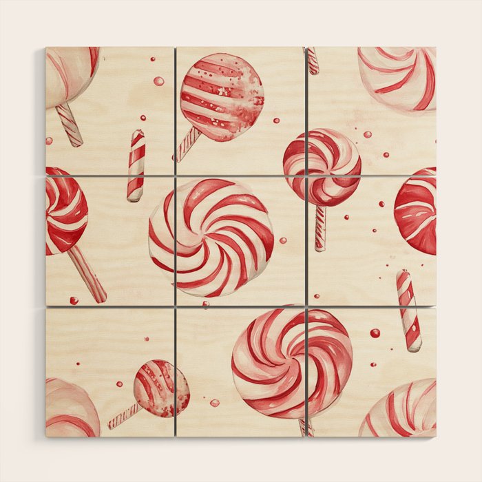 Red White Watercolor Candy Cane Peppermint Lollipops All Over Wood Wall Art Gallery Image 1