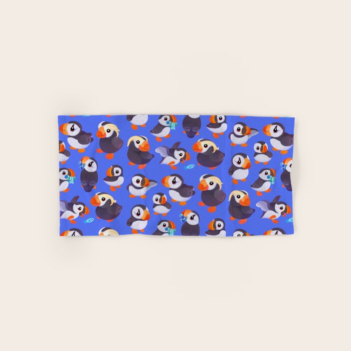 Happy puffin - blue Bath Towel Gallery Image 1