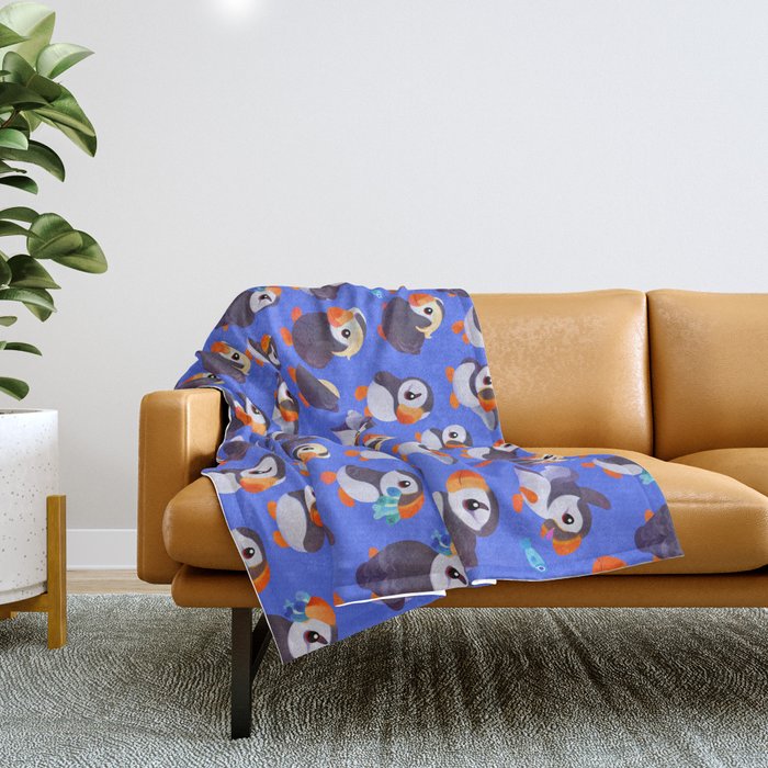 Happy puffin - blue Throw Blanket Gallery Image 1