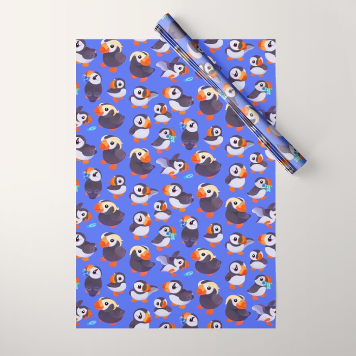 Happy puffin - blue Wrapping Paper Gallery Image 1