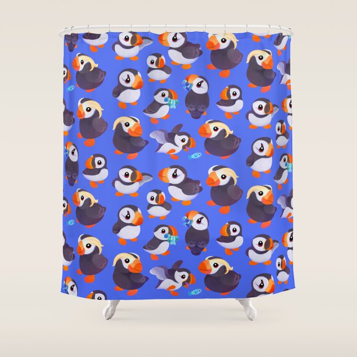 Happy puffin - blue Shower Curtain Gallery Image 1
