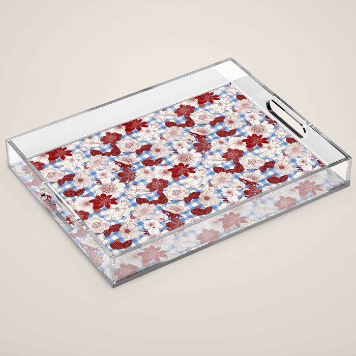 Dahlias on Blue Plaid Acrylic Tray Gallery Image 1