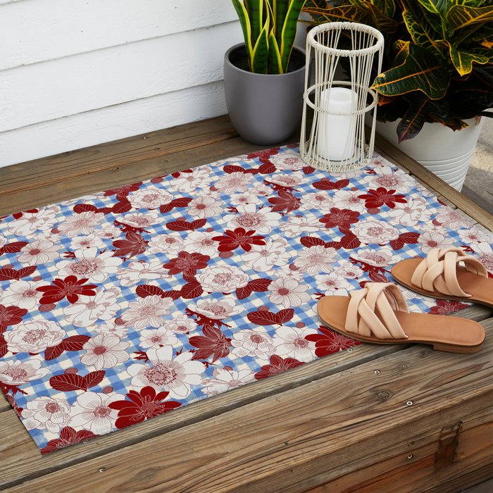 Dahlias on Blue Plaid Outdoor Rug Gallery Image 2