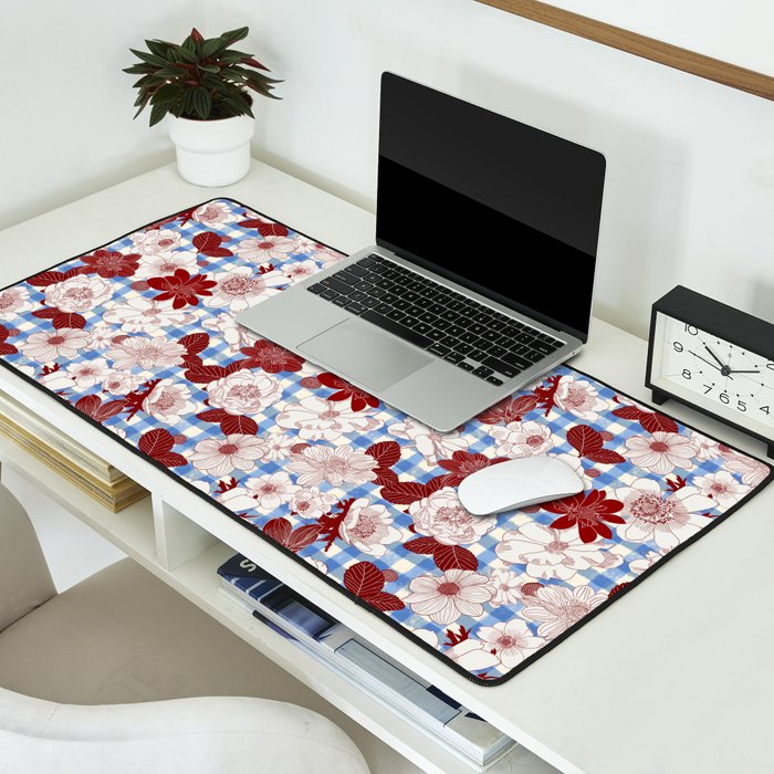 Dahlias on Blue Plaid Desk Mat Gallery Image 2