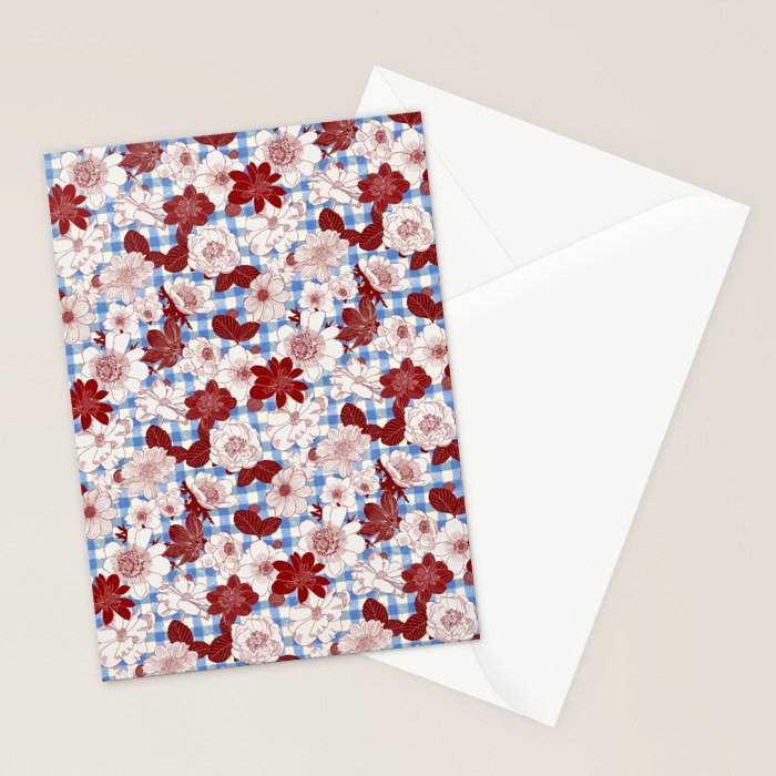 Dahlias on Blue Plaid Stationery Card Gallery Image 2