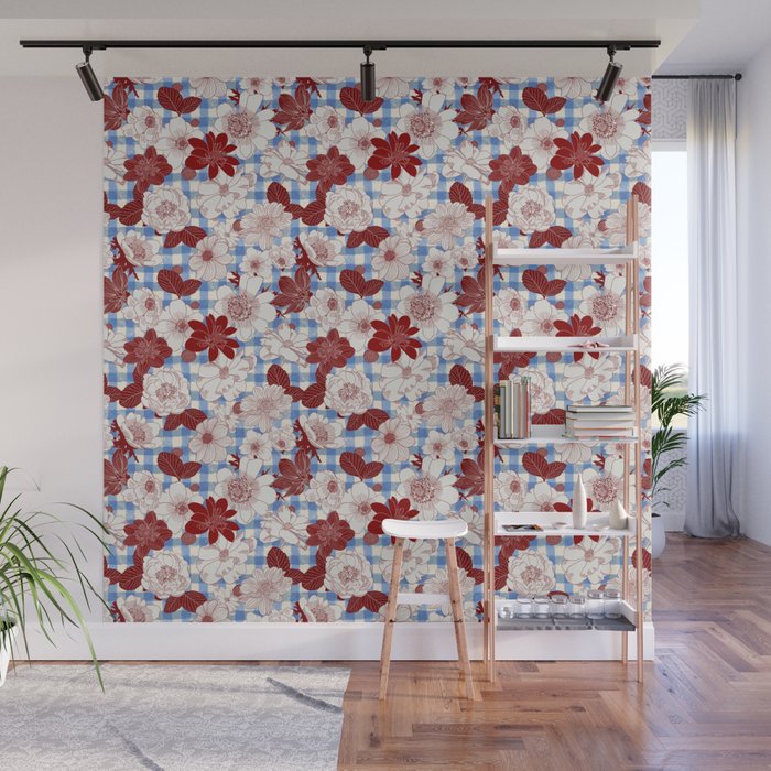 Dahlias on Blue Plaid Wall Mural Gallery Image 1