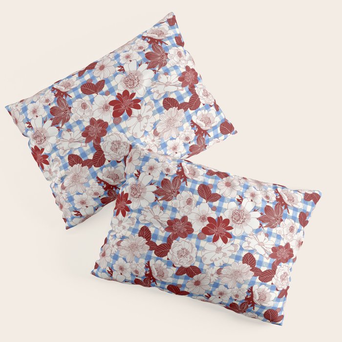 Dahlias on Blue Plaid Pillow Sham Gallery Image 3