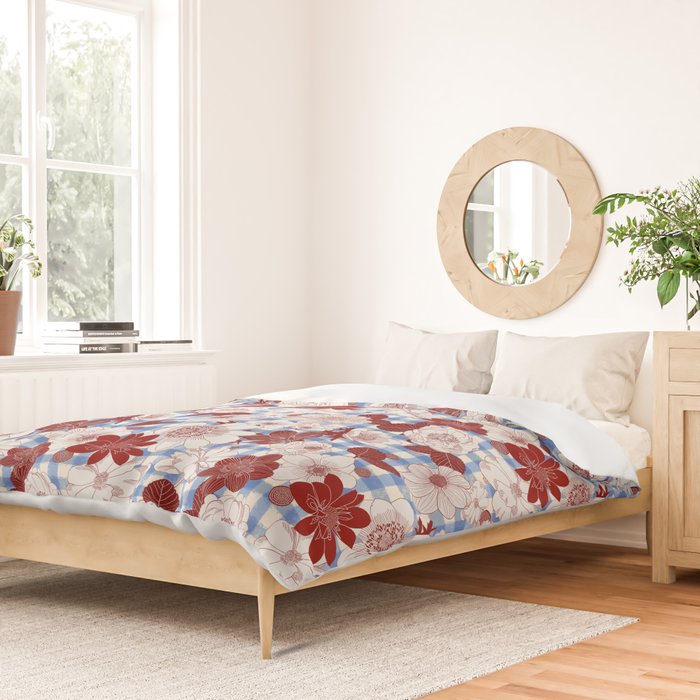 Dahlias on Blue Plaid Duvet Cover Gallery Image 2