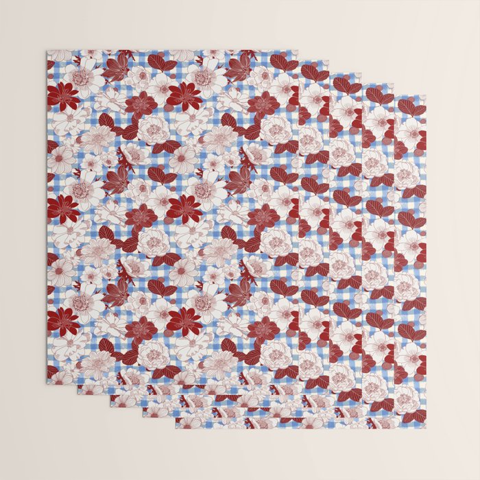 Dahlias on Blue Plaid Wrapping Paper Gallery Image 3