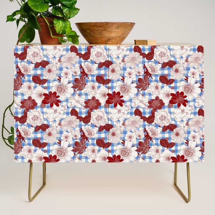 Dahlias on Blue Plaid Credenza Gallery Image 1