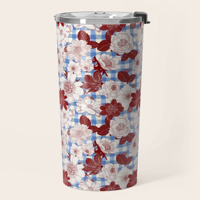 Dahlias on Blue Plaid Travel Mug Gallery Image 2