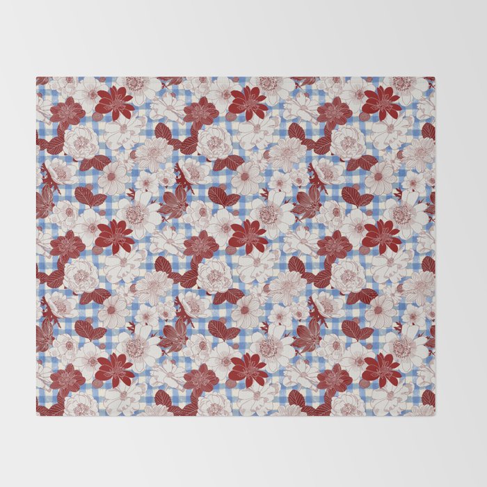 Dahlias on Blue Plaid Throw Blanket Gallery Image 2