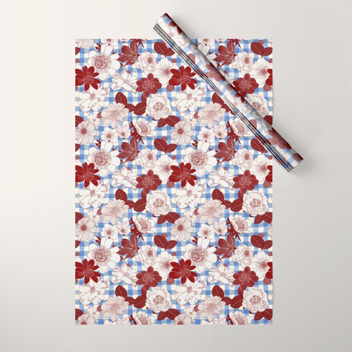 Dahlias on Blue Plaid Wrapping Paper Gallery Image 1