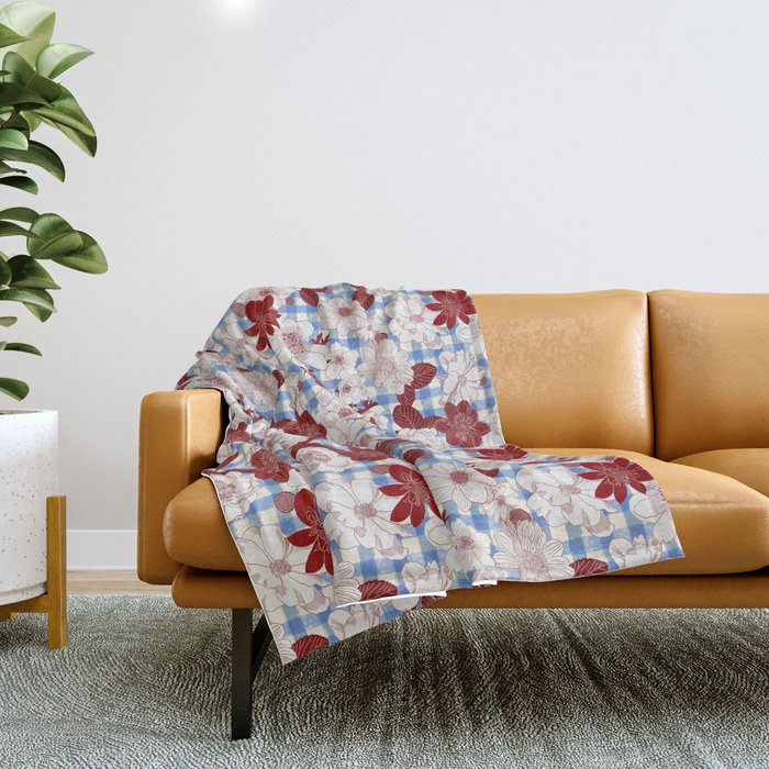 Dahlias on Blue Plaid Throw Blanket Gallery Image 1