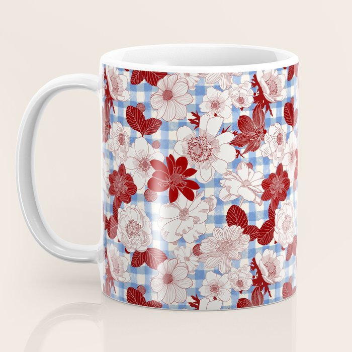 Dahlias on Blue Plaid Coffee Mug Gallery Image 3