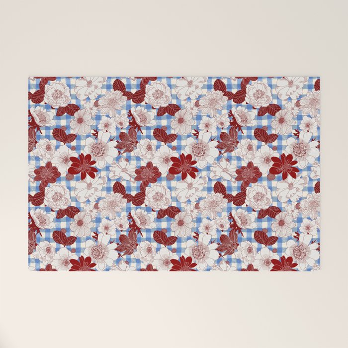 Dahlias on Blue Plaid Welcome Mat Gallery Image 1