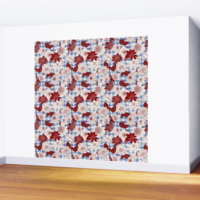 Dahlias on Blue Plaid Wall Mural Gallery Image 2