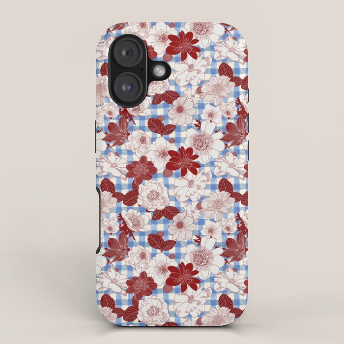 Dahlias on Blue Plaid iPhone Case Gallery Image 1